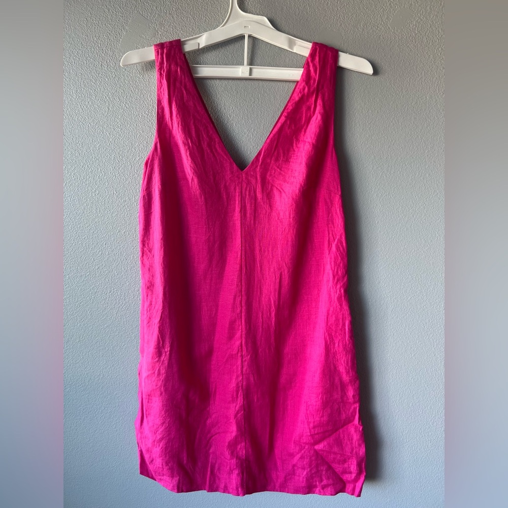 J. Crew hot pink 100% linen Maxine v-neck shift mini dress Women’s size XS